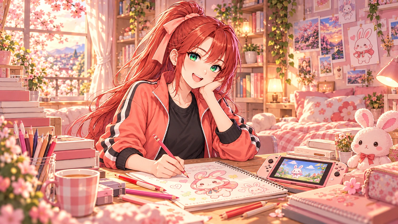 Akari drawing in her cheerful study and games room