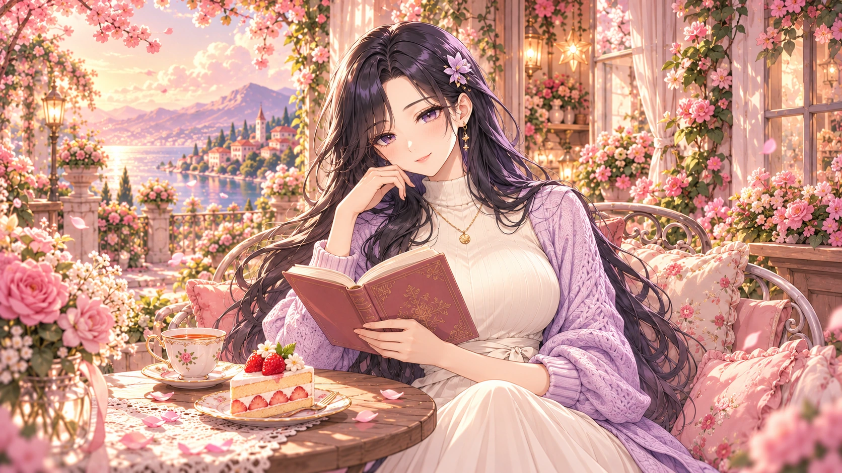 Yuki reading beside tea and strawberry cake in the sakura garden
