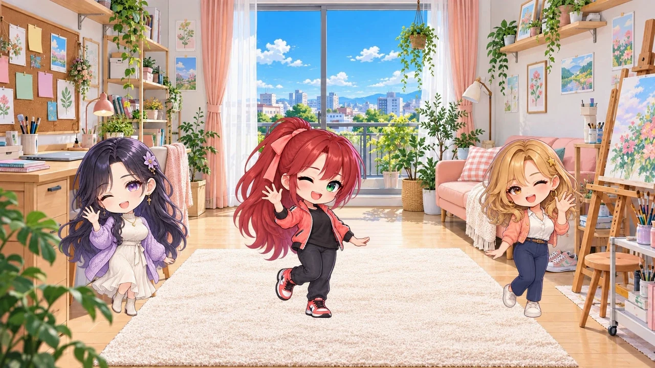 Yuki, Hana, and Akari playing together as chibi characters